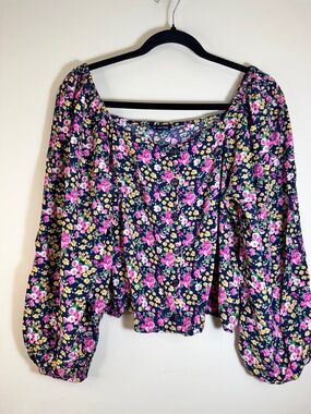 Allen Solly Navy Floral Off-Shoulder Puff Sleeve Top with Pink & Yellow Blooms